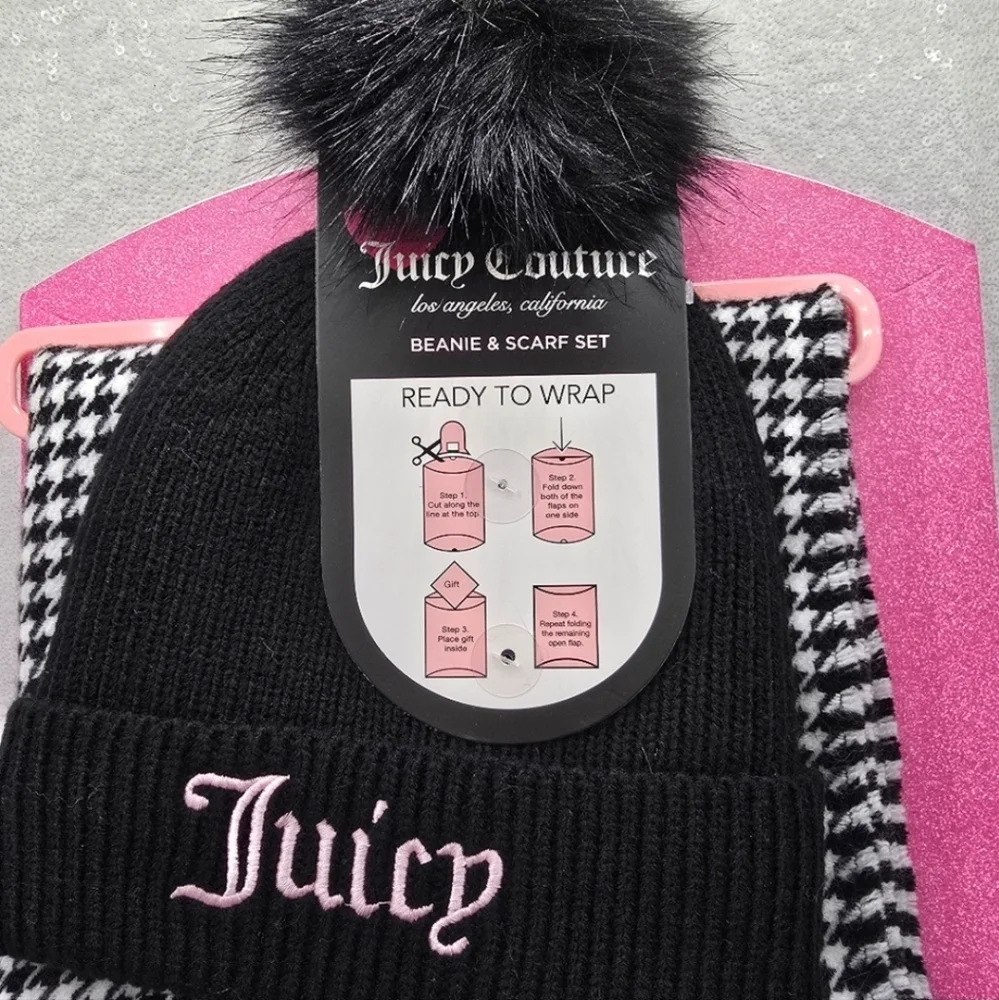 Juicy Couture Pom Pom Beanie & Scarf Set with Gift Box Black White Check Design
